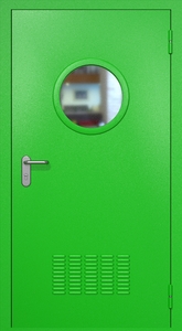 Однопольная техническая стальная дверь RAL 6038 с круглым стеклопакетом (вентиляция) Однопольная техническая стальная дверь RAL 6038 с круглым стеклопакетом (вентиляция)