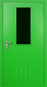 Однопольная техническая стальная дверь RAL 6038 с узким стеклопакетом (вентиляция) Однопольная техническая стальная дверь RAL 6038 с узким стеклопакетом (вентиляция)