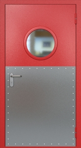 Однопольная противопожарная дверь ei60 RAL 3000 с круглым стеклопакетом (широкий отбойник 2 шт)