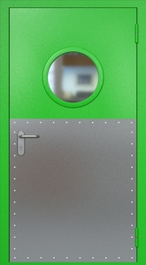 Однопольная противопожарная дверь ei60 RAL 6038 с круглым стеклопакетом (широкий отбойник 1 шт) Однопольная противопожарная дверь ei60 RAL 6038 с круглым стеклопакетом (широкий отбойник 1 шт)