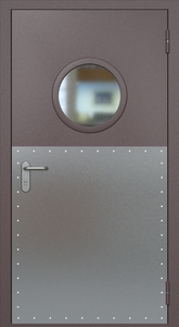 Однопольная противопожарная дверь ei60 RAL 8017 с круглым стеклопакетом (широкий отбойник 2 шт)