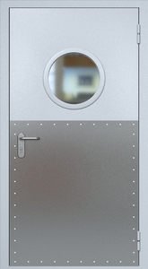 Однопольная противопожарная дверь ei60 RAL 7035 с круглым стеклопакетом (широкий отбойник 1 шт)