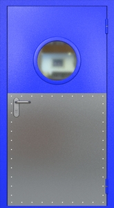 Однопольная противопожарная дверь ei60 RAL 5002 с круглым стеклопакетом (широкий отбойник 2 шт)