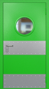 Однопольная противопожарная дверь ei60 RAL 6038 с круглым стеклопакетом (узкий отбойник 4 шт)