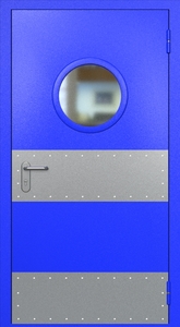 Однопольная противопожарная дверь ei60 RAL 5002 с круглым стеклопакетом (узкий отбойник 4 шт) Однопольная противопожарная дверь ei60 RAL 5002 с круглым стеклопакетом (узкий отбойник 4 шт)