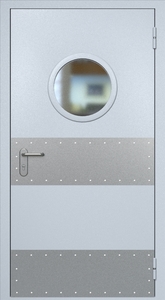 Однопольная противопожарная дверь ei60 RAL 7035 с круглым стеклопакетом (узкий отбойник 4 шт)