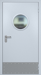 Однопольная противопожарная дверь ei60 RAL 7035 с круглым стеклопакетом (узкий отбойник 2 шт)