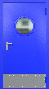 Однопольная противопожарная дверь ei60 RAL 5002 с круглым стеклопакетом (узкий отбойник 1 шт)