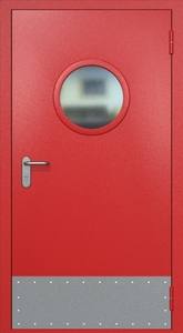 Однопольная противопожарная дверь ei60 RAL 3000 с круглым стеклопакетом (узкий отбойник 2 шт) Однопольная противопожарная дверь ei60 RAL 3000 с круглым стеклопакетом (узкий отбойник 2 шт)