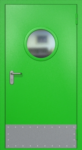 Однопольная противопожарная дверь ei60 RAL 6038 с круглым стеклопакетом (узкий отбойник 1 шт)