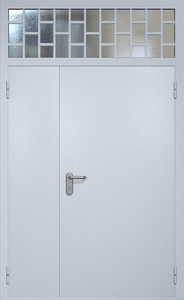 Полуторная противопожарная дверь ei60 RAL 7035 (фрамуга со стеклопакетом и решеткой)