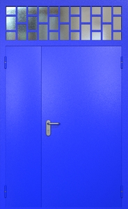 Полуторная противопожарная дверь ei60 RAL 5002 (фрамуга со стеклопакетом и решеткой)