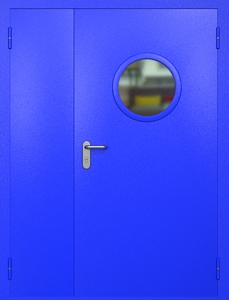 Полуторная противопожарная дверь ei60 RAL 5002 с круглым стеклопакетом