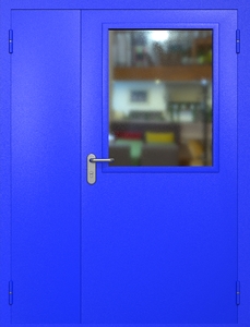 Полуторная противопожарная дверь ei60 RAL 5002 с широким стеклопакетом