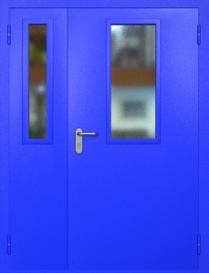 Полуторная противопожарная дверь ei60 RAL 5002 с узкими стеклопакетами