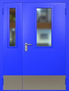 Полуторная противопожарная дверь ei60 RAL 5002 с узкими стеклопакетами (отбойник)