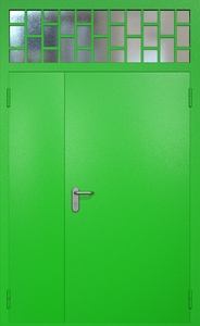 Полуторная противопожарная дверь ei60 RAL 6038 (фрамуга со стеклопакетом и решеткой)