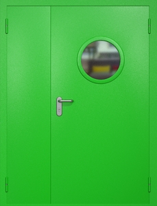 Полуторная противопожарная дверь ei60 RAL 6038 с круглым стеклопакетом Полуторная противопожарная дверь ei60 RAL 6038 с круглым стеклопакетом