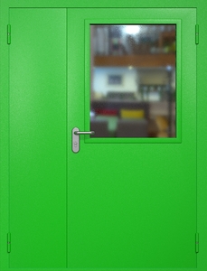 Полуторная противопожарная дверь ei60 RAL 6038 с широким стеклопакетом