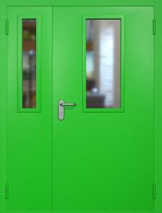 Полуторная противопожарная дверь ei60 RAL 6038 с узкими стеклопакетами