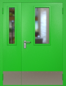 Полуторная противопожарная дверь ei60 RAL 6038 с узкими стеклопакетами (отбойник)