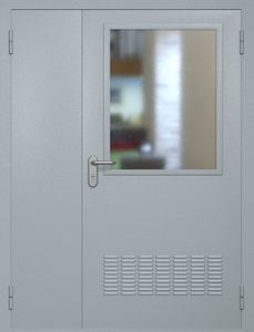 Полуторная техническая стальная дверь RAL 7040 с широким стеклопакетом (вентиляция)