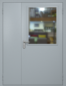 Полуторная противопожарная дверь ei60 RAL 7040 с широким стеклопакетом