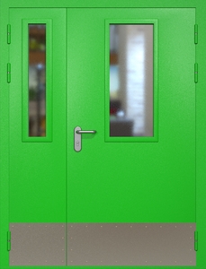 Полуторная противопожарная дверь eis60 RAL 6038 с узкими стеклопакетами (отбойник)