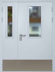 Полуторная противопожарная дверь eis60 RAL 7035 с узкими стеклопакетами (отбойник)