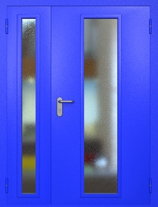 Полуторная противопожарная дверь eiw60 RAL 5002 с длинными узкими стеклопакетами