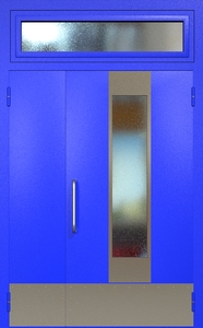 Полуторная техническая дверь RAL 5002 с удлиненным узким стеклопакетом (ручка-скоба, остекленная фрамуга, отбойник)