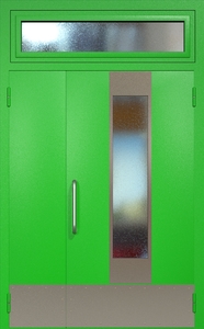 Полуторная техническая дверь RAL 6038 с удлиненным узким стеклопакетом (ручка-скоба, остекленная фрамуга, отбойник) Полуторная техническая дверь RAL 6038 с удлиненным узким стеклопакетом (ручка-скоба, остекленная фрамуга, отбойник)