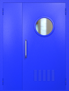 Полуторная техническая дверь RAL 5002 с круглым стеклопакетом (ручка-скоба, вентиляция)