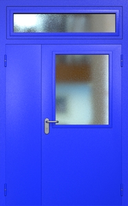 Полуторная техническая дверь RAL 5002 с широким стеклопакетом (остекленная фрамуга)