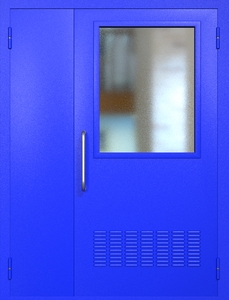 Полуторная техническая дверь RAL 5002 с широким стеклопакетом (ручка-скоба, вентиляция)