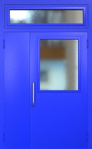 Полуторная техническая дверь RAL 5002 с широким стеклопакетом (ручка-скоба, остекленная фрамуга)