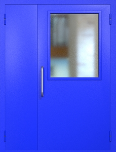 Полуторная техническая дверь RAL 5002 с широким стеклопакетом (ручка-скоба)