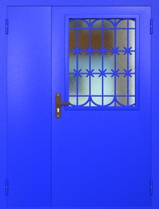 Полуторная техническая дверь RAL 5002 с широким стеклопакетом и решеткой Полуторная техническая дверь RAL 5002 с широким стеклопакетом и решеткой