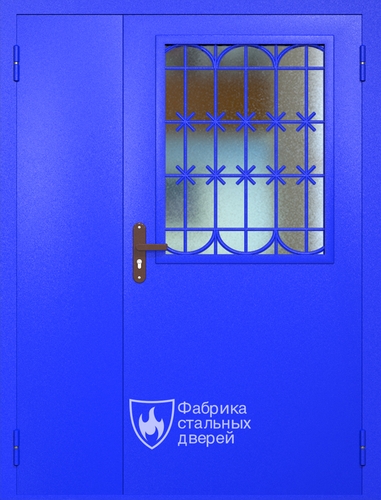 Полуторная техническая дверь RAL 5002 с широким стеклопакетом и решеткой