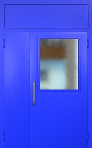 Полуторная техническая дверь RAL 5002 с широким стеклопакетом (ручка-скоба, фрамуга)