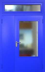 Полуторная техническая дверь RAL 5002 с удлиненным широким стеклопакетом (остекленная фрамуга)