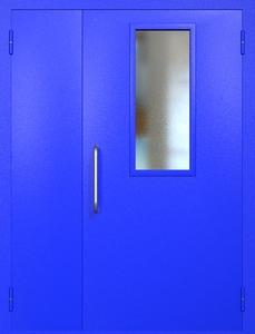 Полуторная техническая дверь RAL 5002 с узким стеклопакетом (ручка-скоба)