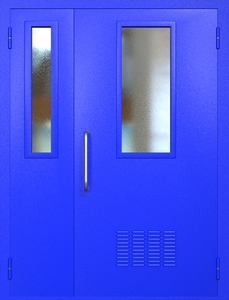 Полуторная техническая дверь RAL 5002 с узкими стеклопакетами (ручка-скоба, вентиляция)