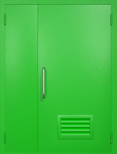 Полуторная техническая дверь RAL 6038 (ручка-скоба, вентиляция-жалюзи)