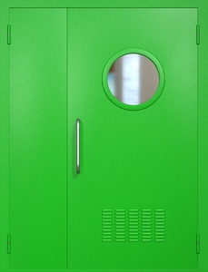 Полуторная техническая дверь RAL 6038 с круглым стеклопакетом (ручка-скоба, вентиляция)