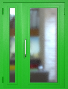 Полуторная техническая дверь RAL 6038 с максимальным остеклением (ручка-скоба, обе створки) Полуторная техническая дверь RAL 6038 с максимальным остеклением (ручка-скоба, обе створки)