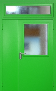 Полуторная техническая дверь RAL 6038 с широким стеклопакетом (остекленная фрамуга) Полуторная техническая дверь RAL 6038 с широким стеклопакетом (остекленная фрамуга)