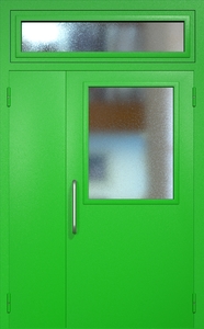 Полуторная техническая дверь RAL 6038 с широким стеклопакетом (ручка-скоба, остекленная фрамуга)