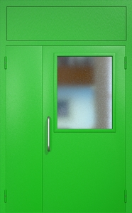 Полуторная техническая дверь RAL 6038 с широким стеклопакетом (ручка-скоба, фрамуга)