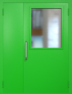 Полуторная техническая дверь RAL 6038 с широким стеклопакетом (ручка-скоба)